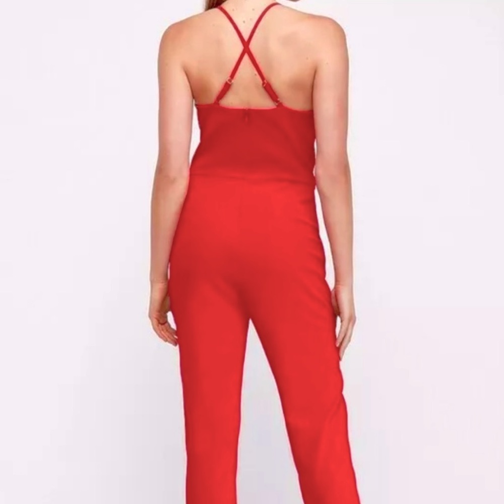 Express Deep V Red Jumpsuit - Picture 2 of 7